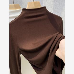 棕色半高领长袖女式春秋冬t恤2025新款洋气高底黑色内搭衬衫上衣