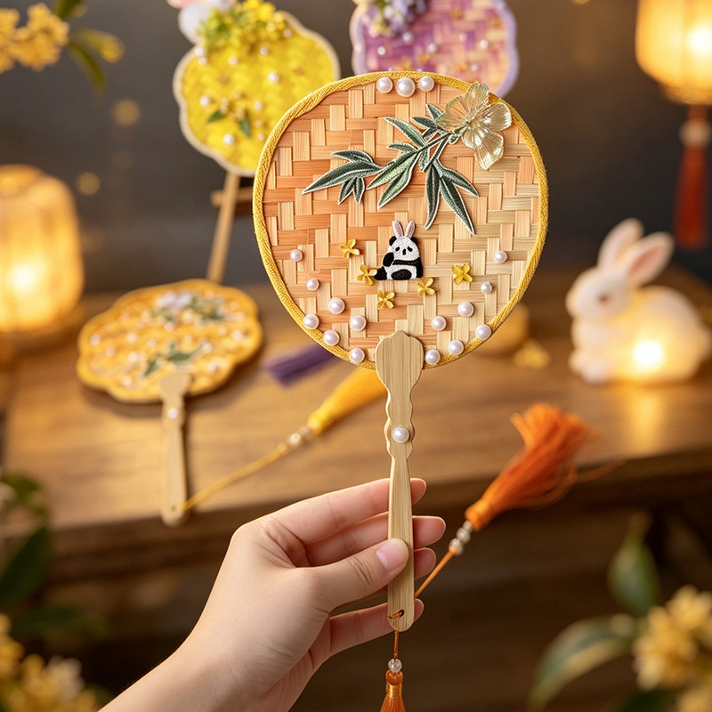 非遗竹编扇子刺绣珍珠流苏成品竹叶团扇材料包亲子儿童手工制作