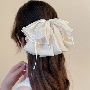 2025韩版 褶皱雪纺网纱大蝴蝶结马尾发夹高端气质抓夹半扎发鲨鱼夹