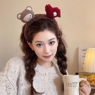 比心小熊 高级感可爱发饰 毛绒绒发箍女洗脸防滑宽边头箍2024新款