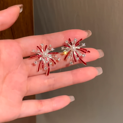 璀璨烟花耳钉爆闪镶钻清冷千金耳饰2026新款高级感新年红色系穿搭