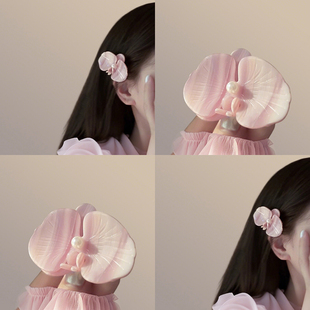 创意发卡粉色蝴蝶兰花朵珍珠醋酸耳边发夹小众超仙气质侧边刘海夹