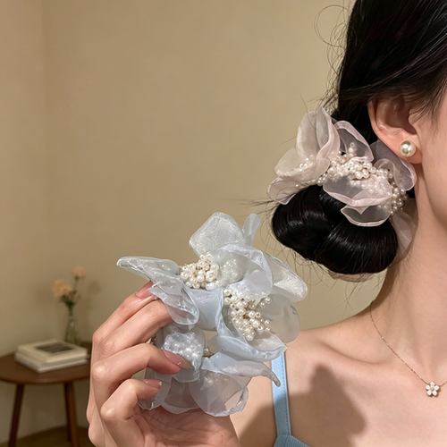 柔雾云纱~超仙花瓣珍珠发圈发绳海边度假风低马尾发绳氛围感发饰