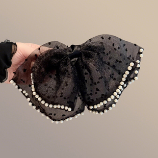 网红珍珠网纱发饰高级感网纱蝴蝶结头饰发夹弹簧夹头顶夹仙气飘飘