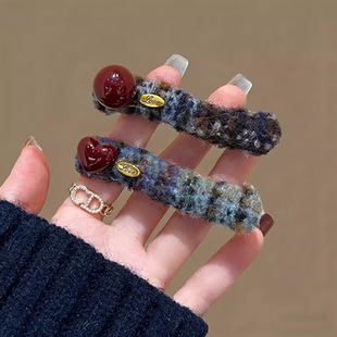 复古爱心圆珠新款 毛绒发夹女高端边夹刘海夹前额发卡夹子发饰