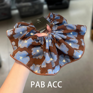 韩国高端洋气设计感蓝咖印花宽边肥肠圈显发量多褶皱扎发绳橡皮筋