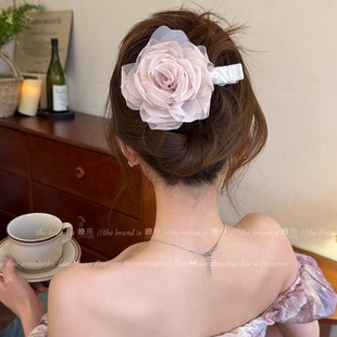 韩系温柔雪纺玫瑰花压夹女高端2025新款 超仙气质发夹后脑勺发饰