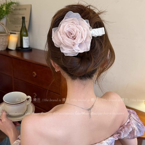 韩系温柔雪纺玫瑰花压夹女高端2025新款超仙气质发夹后脑勺发饰
