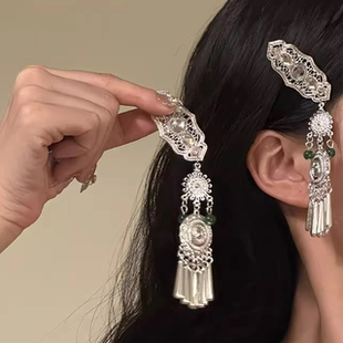 新款流苏边夹一步一响复古民族风银色流苏发夹新中式设计感发卡