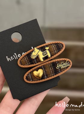 韩国小众设计咖系格纹小马对夹夹子头饰发夹高级感时尚鸭夹一字夹