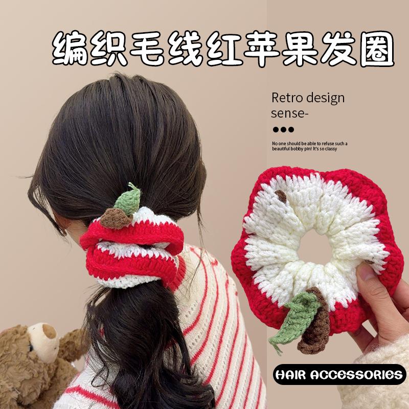 圣诞节创意毛线苹果发圈厚实肠圈秋冬新款可爱少女心发夹胸针两用
