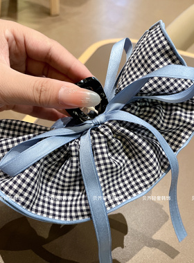 韩系蓝色格子抓夹女高级感后脑勺鲨鱼夹发夹大号发量大发卡头饰女