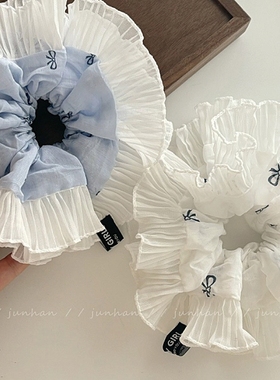 蓝色蝴蝶结蕾丝双层大肠发圈女2024新款高级感韩系超大号头绳发饰