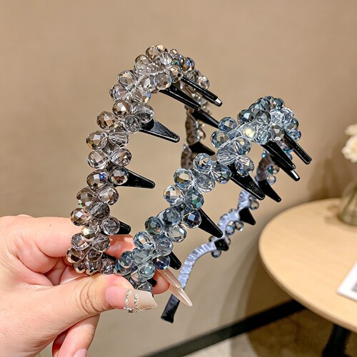 奢华时尚水晶串珠发箍重工波浪带齿头箍蓬松法式高颅顶发卡发捆女