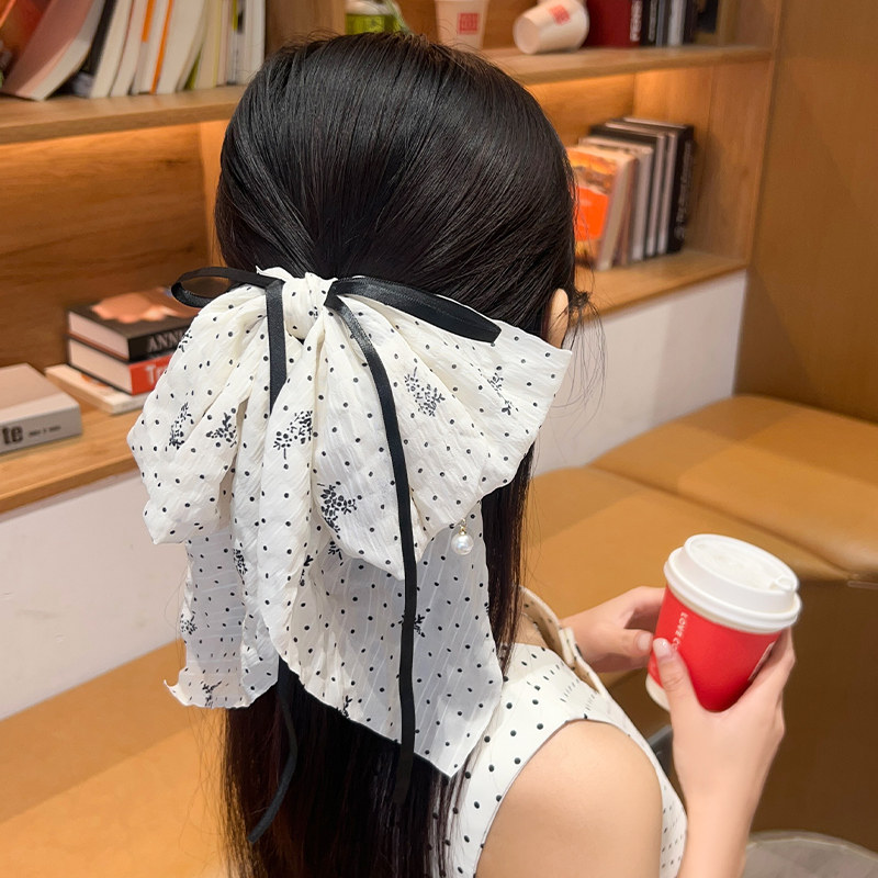 法式波点复古撞色飘带蝴蝶结马尾夹优雅珍珠吊坠后脑勺鲨鱼夹发夹,饰品/流行首饰/时尚饰品新,发饰,淘宝优惠券,粉丝福利购,淘宝优惠卷