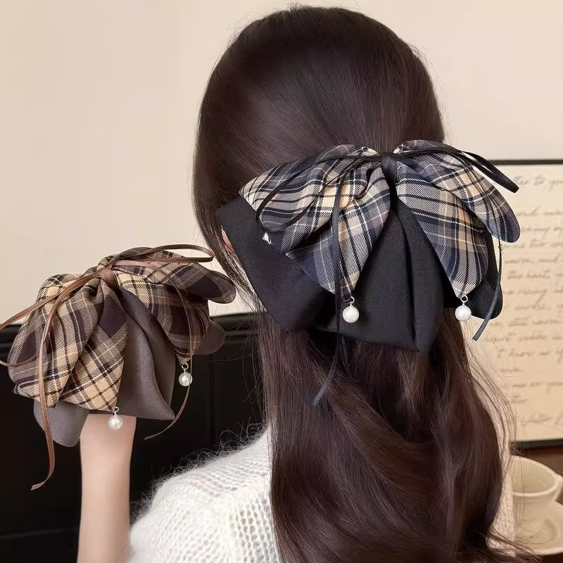 精致轻奢撞色格纹蝴蝶结发夹