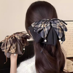 精致轻奢撞色格纹蝴蝶结马尾夹高级感网红百搭发夹时尚 秋冬鲨鱼夹