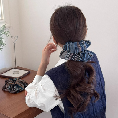 韩式复古条纹布艺大肠发圈高马尾高级感百搭时尚发饰丸子头头花女