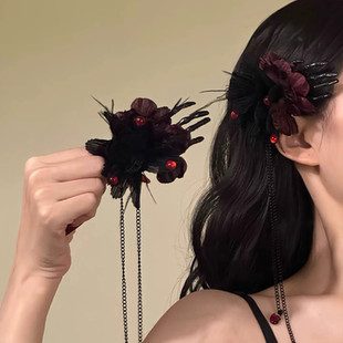 流苏侧边夹搞怪装 万圣节暗黑玫瑰花朵发夹长款 扮配饰 血吻玫瑰