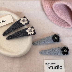 韩国小众灰色毛绒花朵发夹女高级感刘海夹子秋冬侧边发卡百搭头饰