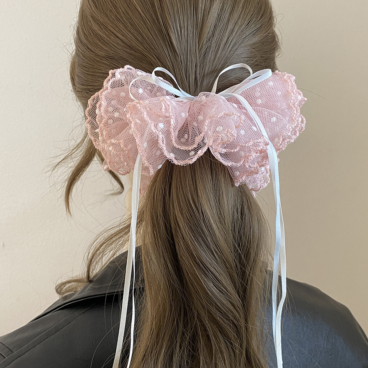 蕾丝波点蝴蝶结发圈超仙多层