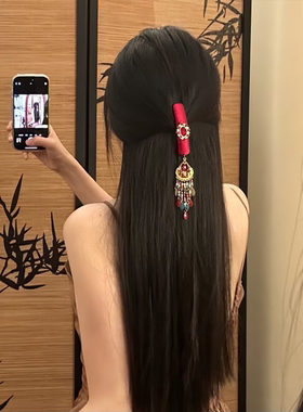 「红岭一梦」复古红色流苏发夹民族风苗疆半扎发侧边夹汉服配饰女