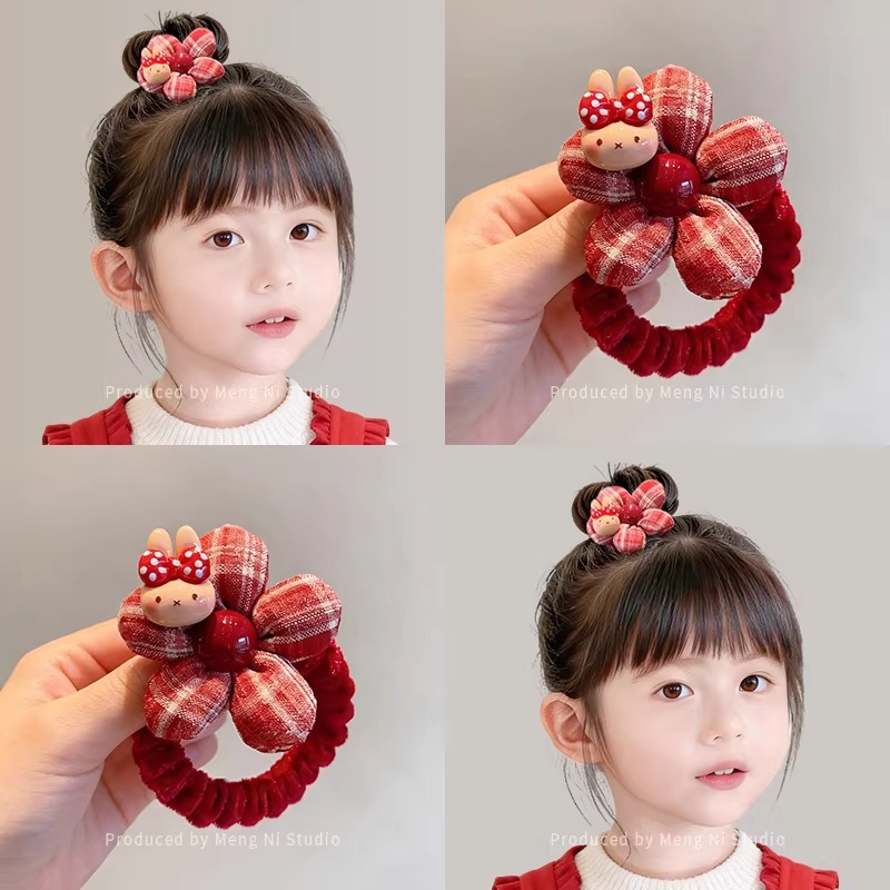 新年红色花朵头饰卡通KT猫儿童发圈女童秋冬植绒扎丸子头发绳发饰