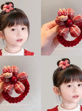 新年红色花朵头饰卡通KT猫儿童发圈女童秋冬植绒扎丸子头发绳发饰