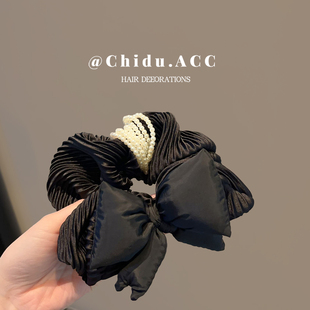 韩系高级感风琴褶皱黑色充棉蝴蝶结发圈少女马尾丸子头发绳头绳