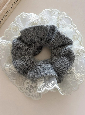 韩系灰色兔毛蕾丝针织大肠发圈女慵懒风扎头发超大号发饰头绳秋冬