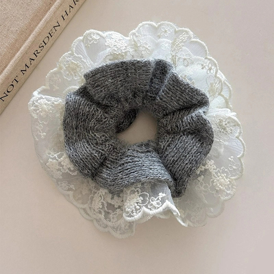 韩系灰色兔毛蕾丝针织大肠发圈女慵懒风扎头发超大号发饰头绳秋冬