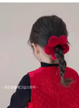 儿童红色丝绒立体花朵发圈新年丸子头甜美肠圈女童扎马尾头绳发饰