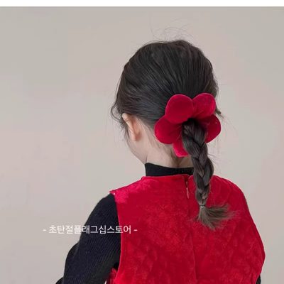儿童红色丝绒立体花朵发圈新年丸子头甜美肠圈女童扎马尾头绳发饰