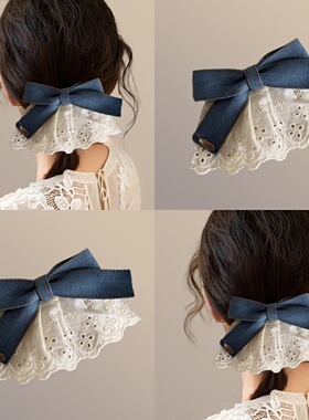 韩系文艺蓝色牛仔蝴蝶结蕾丝发夹女高级感可爱发卡夹子头饰弹簧夹
