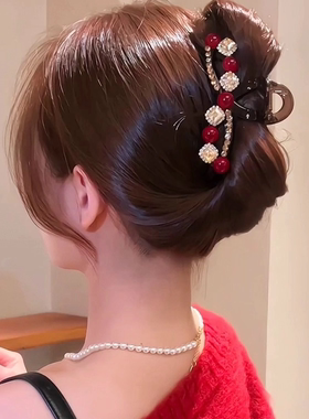 红色水钻珠珠安可拉时尚抓夹新款高级感小众过年吉祥港风发夹发饰