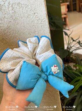 春夏爆炸好看蓝色充棉蝴蝶结KT波点发圈夏日小清新甜美头绳新款女