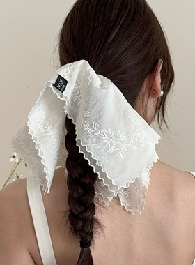 韩系双层白色蕾丝方巾发圈女超大刺绣大肠圈发饰精致头花头饰