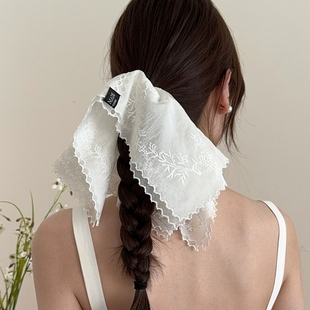 韩系双层白色蕾丝方巾发圈女超大刺绣大肠圈发饰精致头花头饰