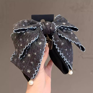 网红甜美布艺蝴蝶结珍珠马尾夹少女心撞色抓夹可爱盘发夹温柔发卡