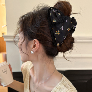韩系碎花蕾丝抓夹头饰女高级感法式 复古后脑勺盘发夹子气质鲨鱼夹