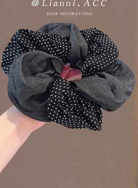 森系复古布艺蓝色波点大肠发圈双层高级感丸子头发绳韩国少女头绳