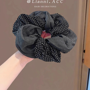 森系复古布艺蓝色波点大肠发圈双层高级感丸子头发绳韩国少女头绳