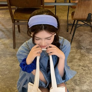 蓝色系条纹格子宽边发箍时尚 百搭牛仔头箍外出压发发卡发饰小众