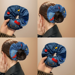 可爱牛仔kitty猫纽扣圆形大肠发圈女韩系复古方形高级感头绳