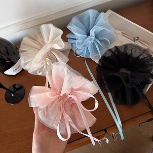 韩系ins新款 芭蕾风蝴蝶结网纱大肠发圈气质丸子头低马尾发绳皮筋