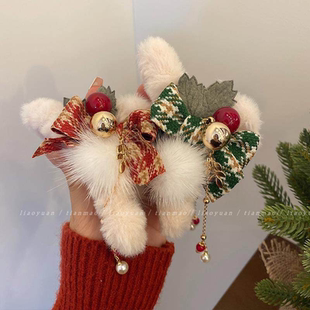 美呆诶~红色毛绒发夹女后脑勺蝴蝶结抓夹大号高级感鲨鱼夹子头饰