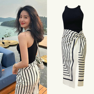 气质性感连衣裙黑色设计感条纹吊带裙子 2024夏杨采钰同款 现货