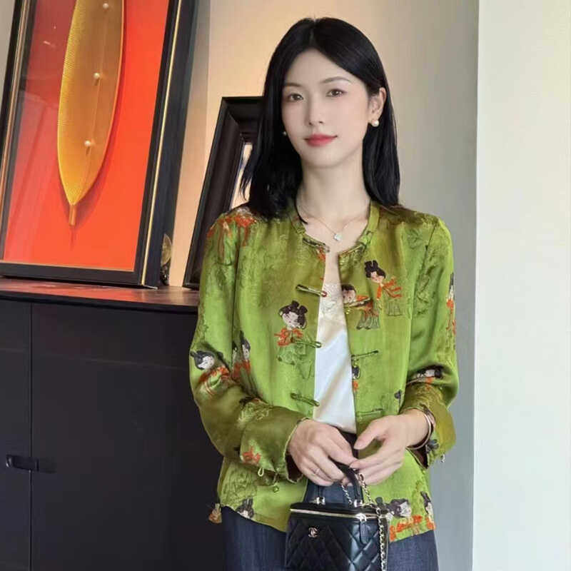 新中式香云纱小唐人衬衫女早秋新款盘扣圆领轻国风提花绿色上衣