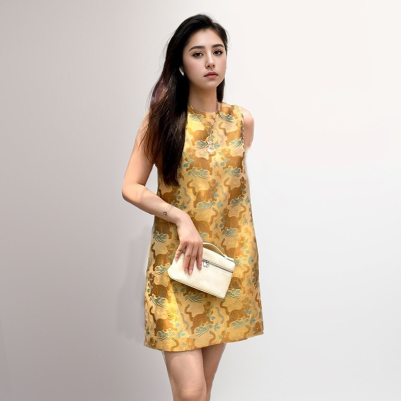 新中式宋锦虎镇五毒纹无袖连衣裙2024夏织锦缎背心裙轻奢气质裙子