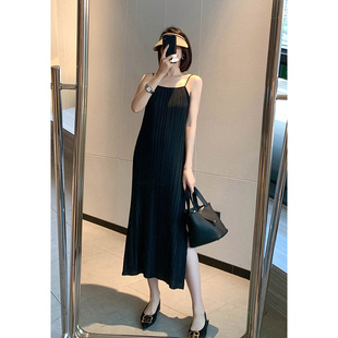 一字领中长款 无袖 A字裙女 新品 漫颜刘三宅褶皱吊带连衣裙2022夏季